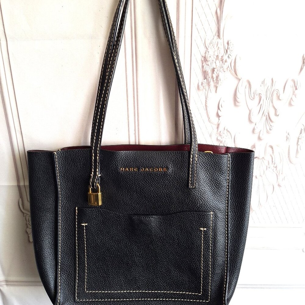Marc Jacobs Grind T-Pocket Black Leather Tote Bag - Handbag Purse
